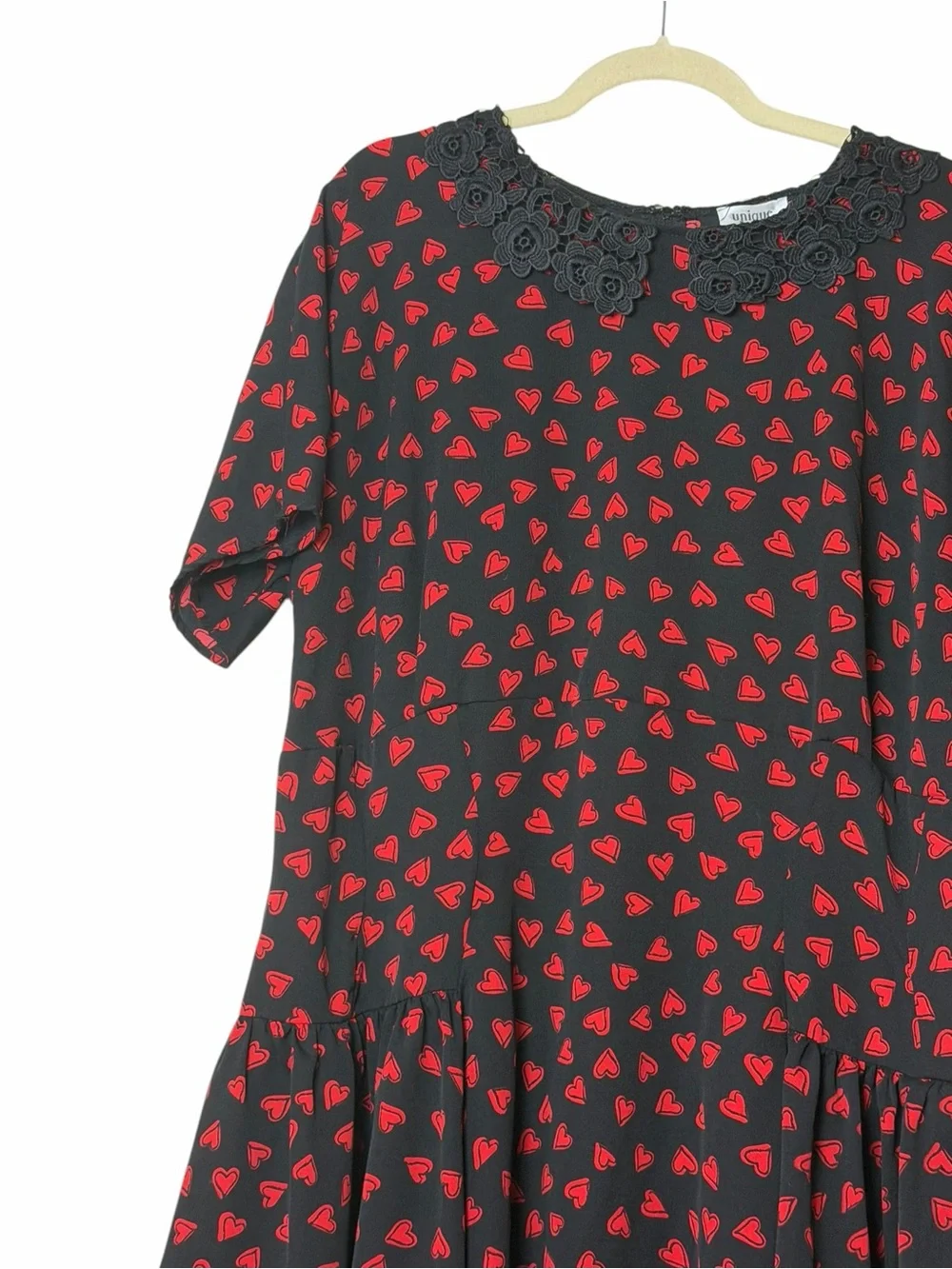 Unique Vintage Margie 1940s Heart Print Midi Dress Black Red Lace Collar 2X - Picture 5 of 9